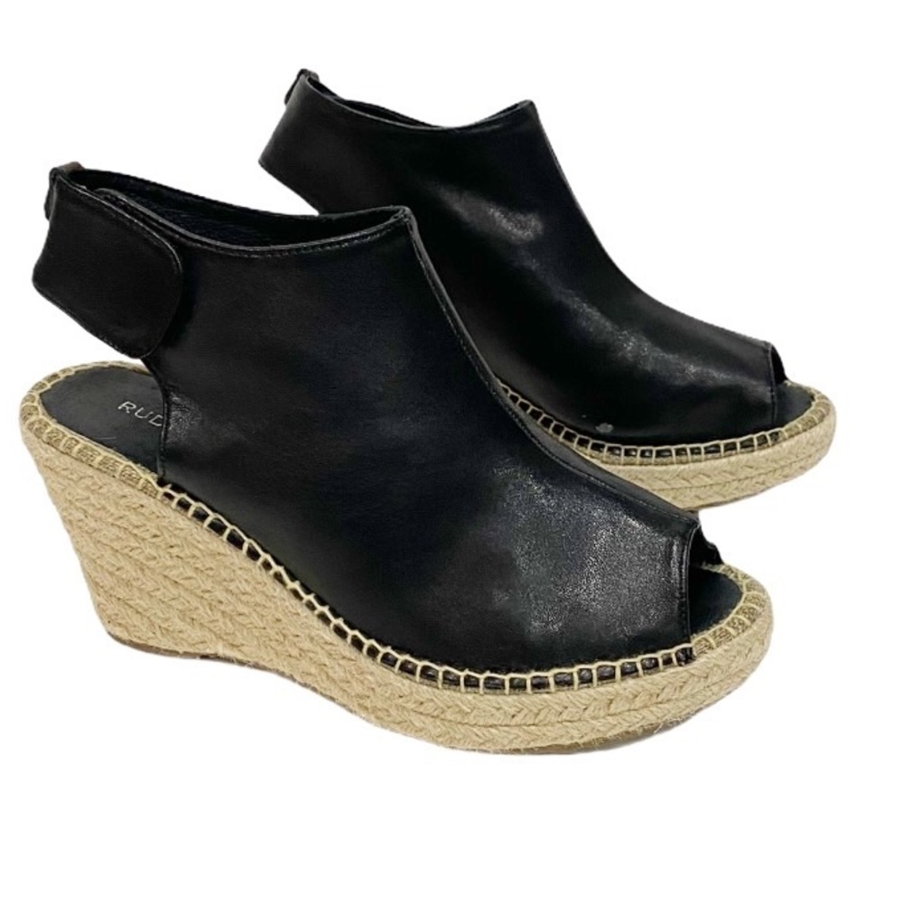 RUDSAK Black Leather Heeled Espadrilles Wedges Size 6